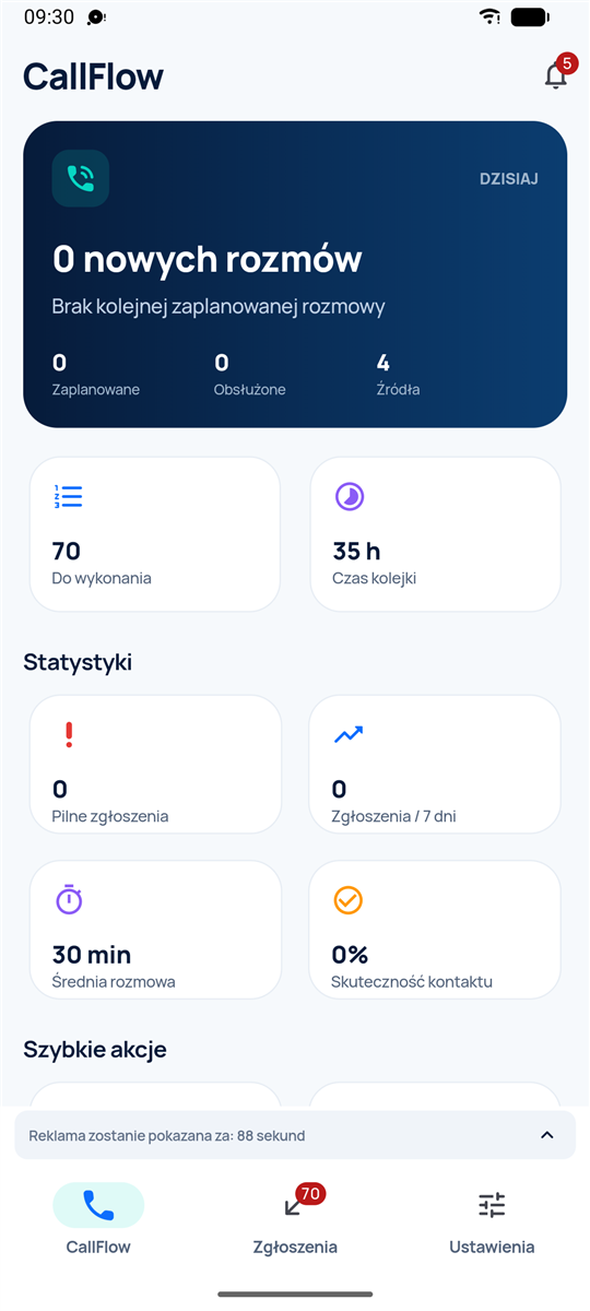 Aplikacja CallFlow — pulpit z kolejką rozmów