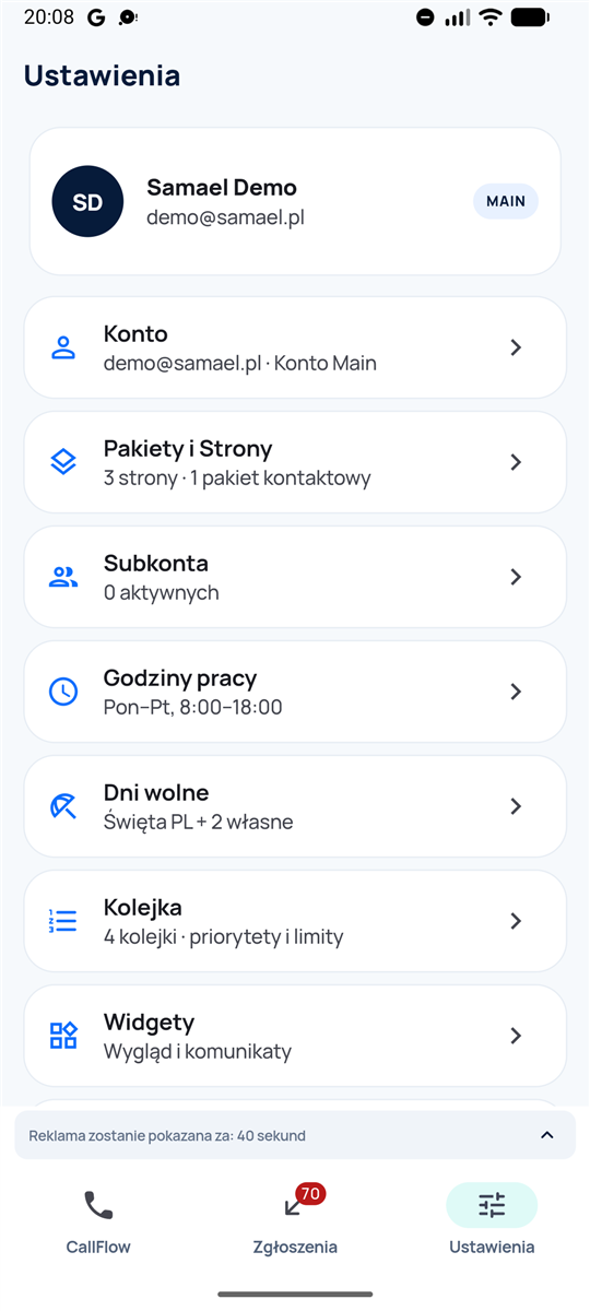Ustawienia aplikacji CallFlow