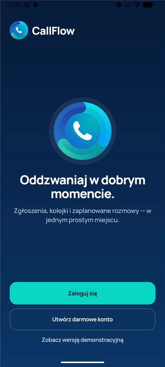 Ekran powitalny aplikacji CallFlow